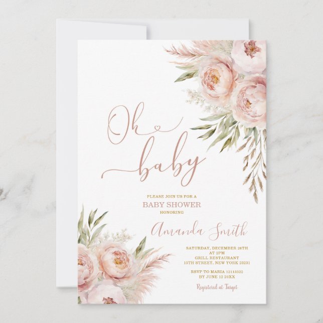 Invitación Elegante Oh Baby Boho Peach Peach Floral Baby Show (Anverso)