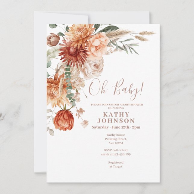 Invitación Elegante Oh Baby Boho Terracota Floral Baby Shower (Anverso)