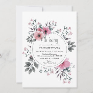 Invitación Elegante 'Oh Baby' Fiesta de Bebé Floral Rosa y Gr
