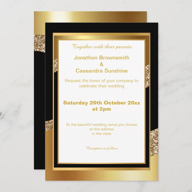 INVITACIÓN ELEGANTE OLA DE PURPURINA BLANCO BLANCO DE ORO ROJ (Anverso / Reverso)