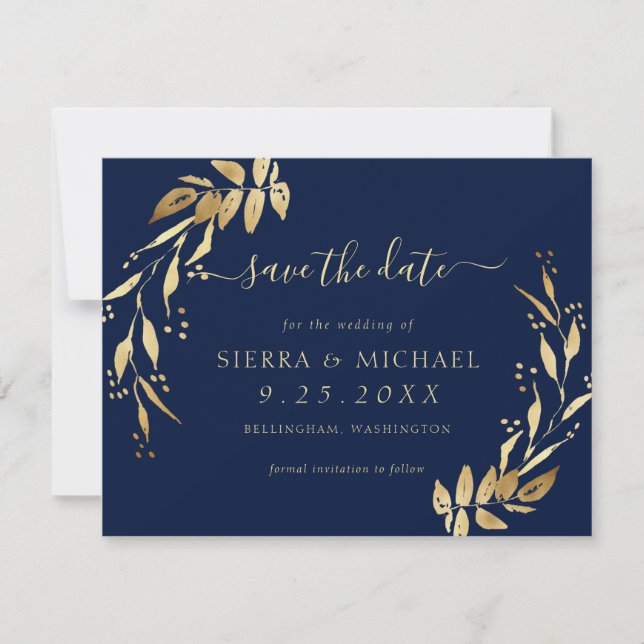 Invitación Elegante oliage azul de oro de la marina salva la  (Anverso)