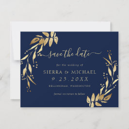 Invitación Elegante oliage azul de oro de la marina salva la