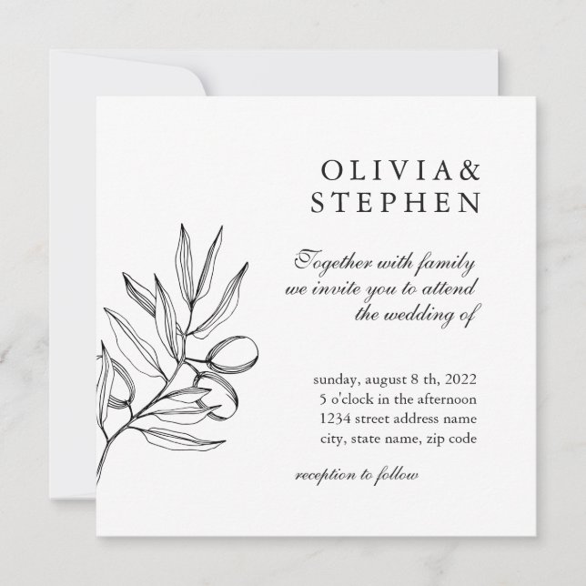 Invitación Elegante oliva. Boda blanco negro formal simple (Anverso)