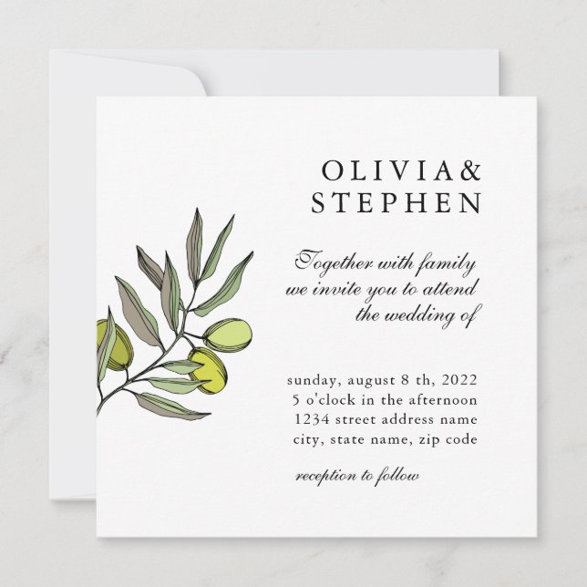 Invitación Elegante oliva. Boda clásico tradicional (Anverso)