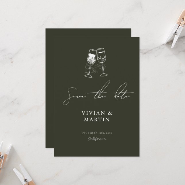 Invitación Elegante olivo verde guardar la fecha (Anverso/Reverso In Situ)