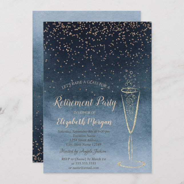 Invitación Elegante Ombre Azul de Vidrio Confetti (Anverso / Reverso)