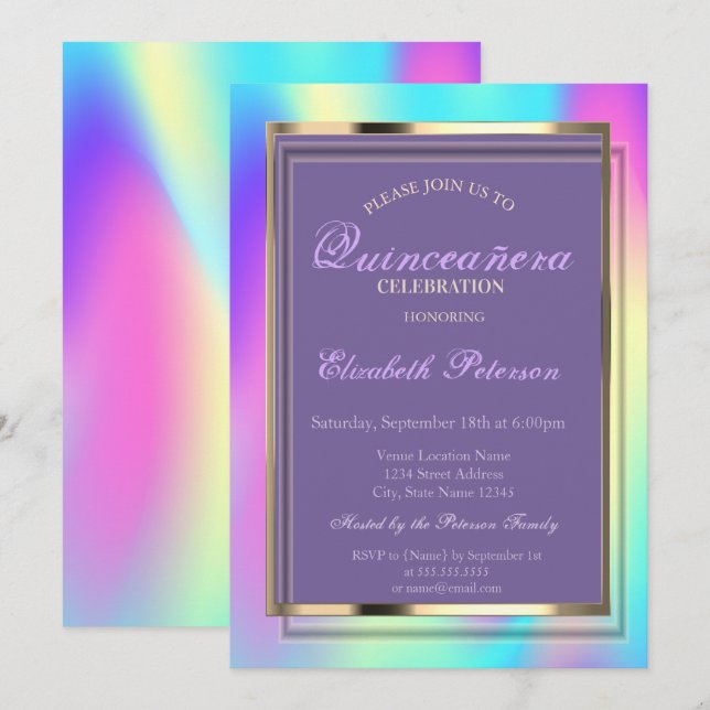 Invitación Elegante Ombre Holográfico Quinceañera (Anverso / Reverso)