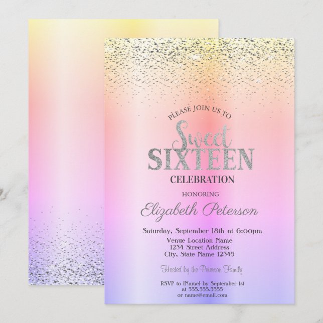 Invitación Elegante Ombre Moderno, Confetti Sweet 16 (Anverso / Reverso)