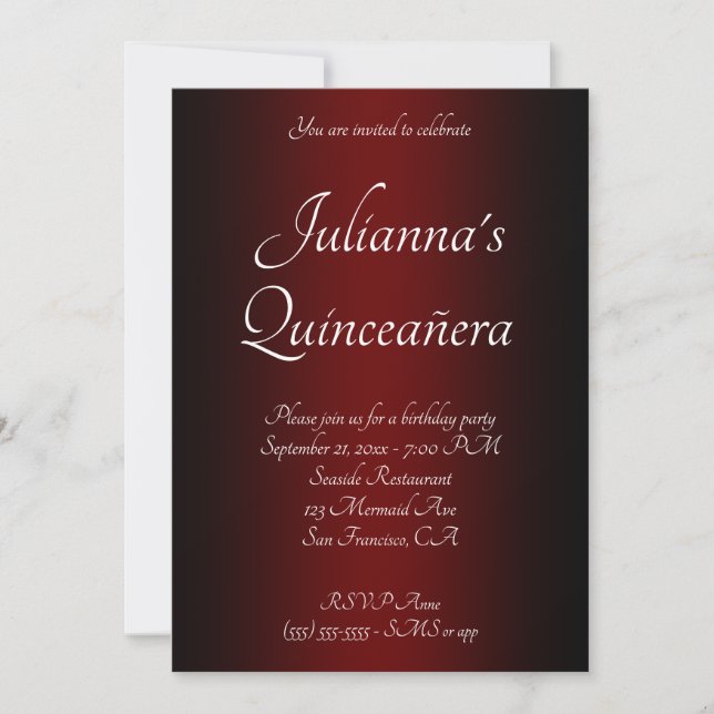 Invitación Elegante Ombre Negro y Borgoña Quinceañera (Anverso)