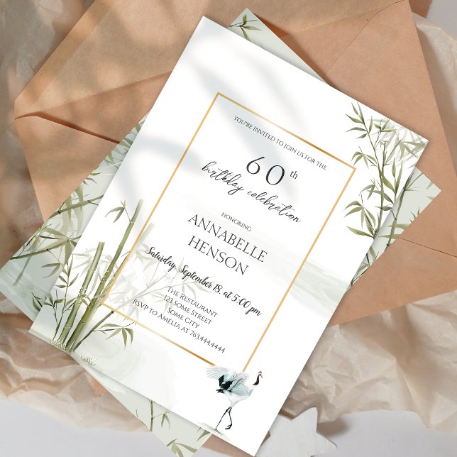 Invitación Elegante Oriental Bamboo Crane Fiesta de cumpleaño (Elegant Oriental Bamboo 60th Birthday Party Invitation)