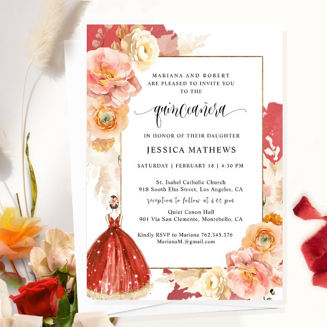 Invitación Elegante, original princesa floral roja Quinceañer (Subido por el creador)