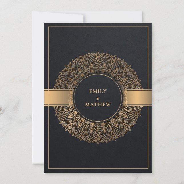 INVITACIÓN ELEGANTE ORNADO CLÁSICO DE ORO NEGRO MANDALA BODA (Reverso)