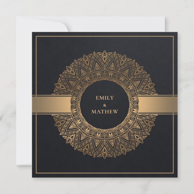 INVITACIÓN ELEGANTE ORNADO CLÁSICO DE ORO NEGRO MANDALA BODA (Reverso)