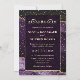Invitación Elegante ornamento marco dorado boda de ágata púrp