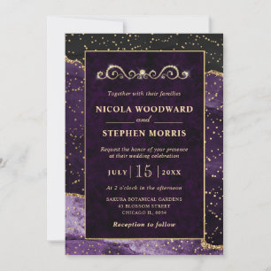 Invitación Elegante ornamento marco dorado boda de ágata púrp