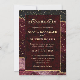 Invitación Elegante ornamento marco dorado boda de ágata roja