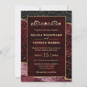 Invitación Elegante ornamento marco dorado boda de ágata roja
