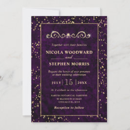 Invitación Elegante ornamento marco dorado boda mármol púrpur