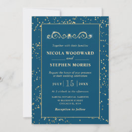 Invitación Elegante Ornamento Marco Dorado en Boda Verde Azul