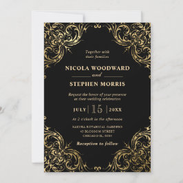 Invitación Elegante Ornamento Marco Dorado sobre Boda Negra