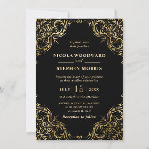 Invitación Elegante Ornamento Marco Dorado sobre Boda Negra