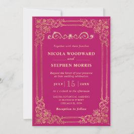 Invitación Elegante Ornamento Marco Dorado sobre Boda Rosa