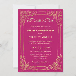 Invitación Elegante Ornamento Marco Dorado sobre Boda Rosa
