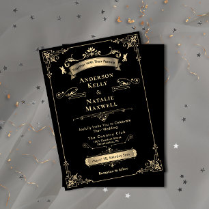 Invitación Elegante Ornamento Rococó Boda Negro y Oro