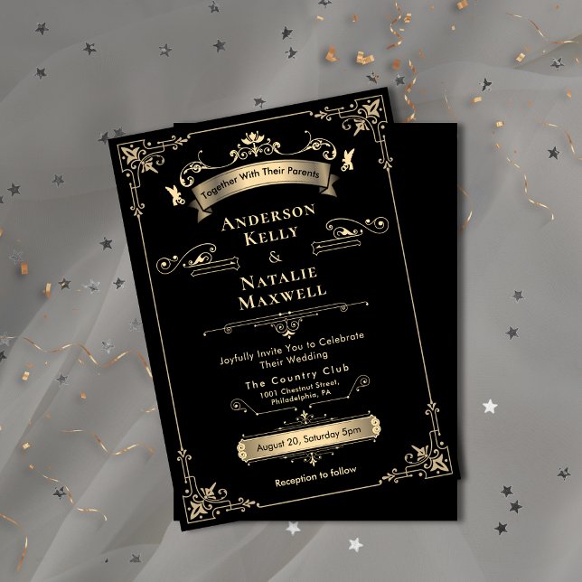 Invitación Elegante Ornamento Rococó Boda Negro y Oro (Elegant Rococo Ornament Black & Gold Wedding Invitation)