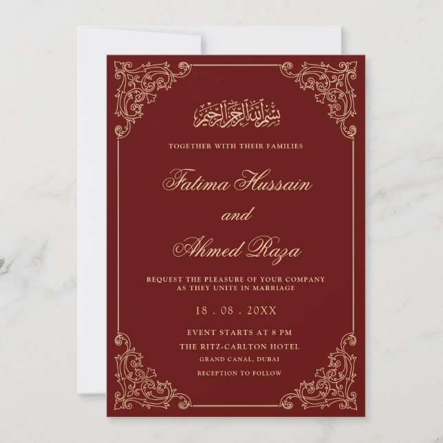Invitación Elegante Ornate Burgundy Gold Script Boda musulmán (Anverso)