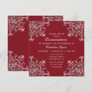 Invitación Elegante Ornate de Plata Borgoña Floral Quinceañer