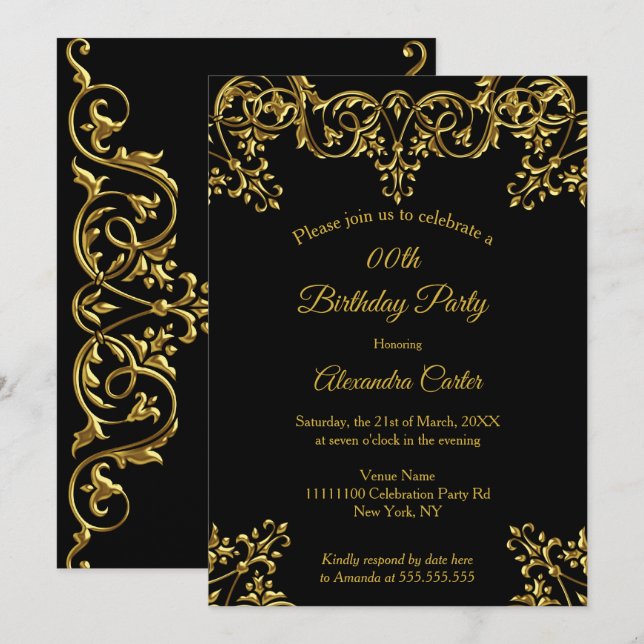 Invitación Elegante Ornate Gold Black Birday Party (Anverso / Reverso)