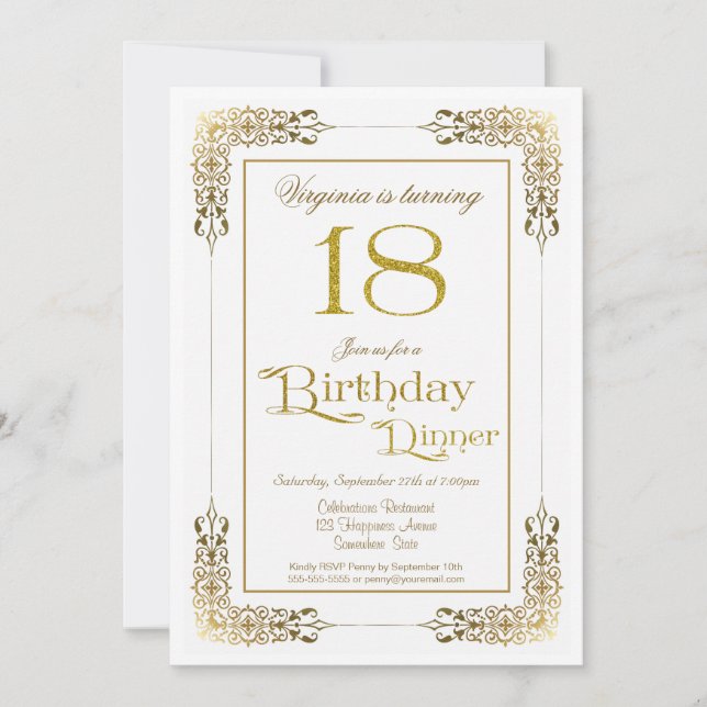 Invitación Elegante ornate Gold Lace 18º cumpleaños cena (Anverso)