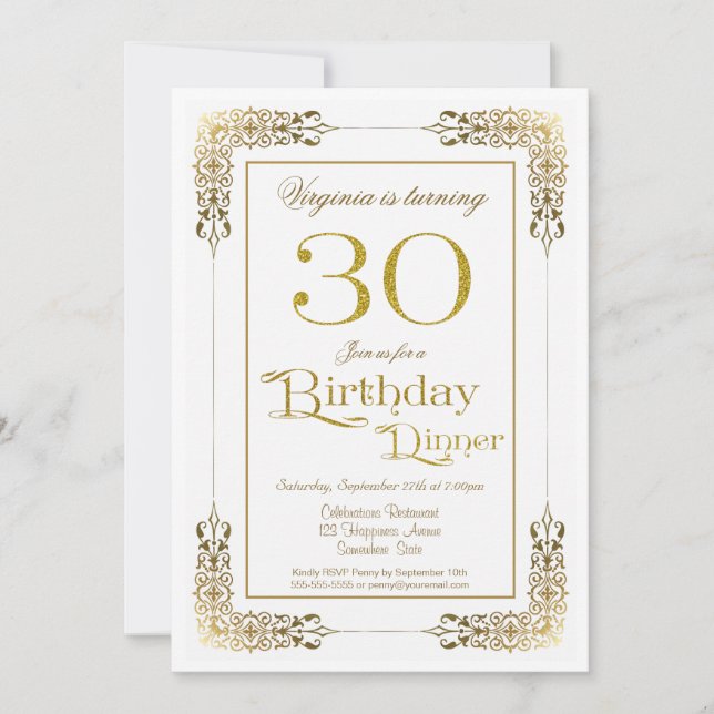 Invitación Elegante ornate Gold Lace 30 cumpleaños cena (Anverso)