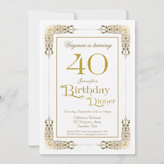 Invitación Elegante ornate Gold Lace 40 cumpleaños cena (Anverso)