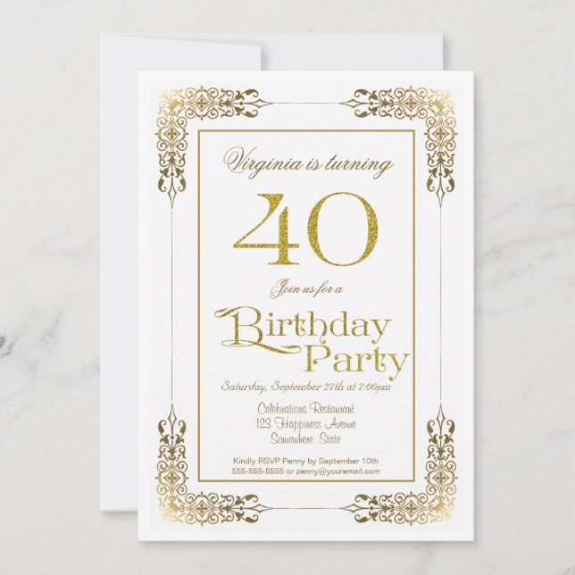 Invitación Elegante Ornate Gold Lace 40 Fiesta de cumpleaños (Anverso)