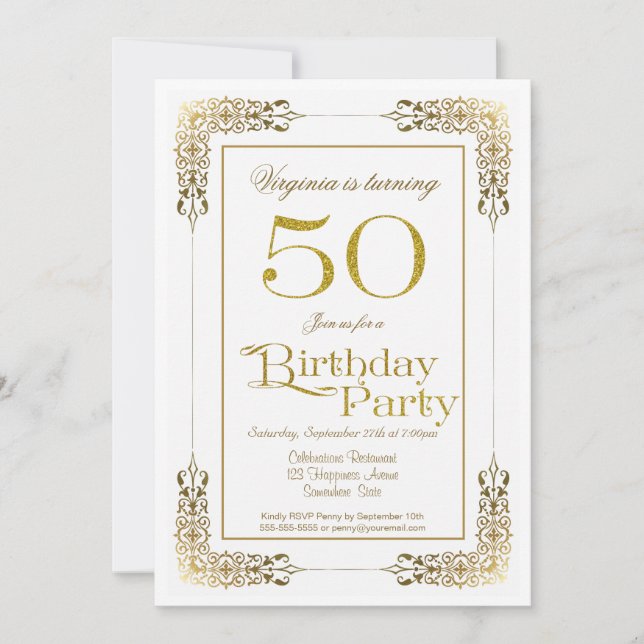 Invitación Elegante Ornate Gold Lace 50 cumpleaños (Anverso)