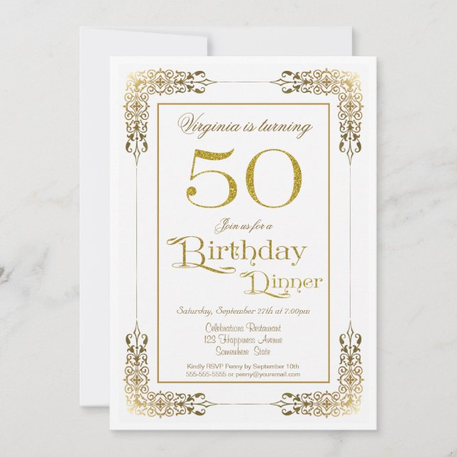 Invitación Elegante ornate Gold Lace 50 cumpleaños cena (Anverso)