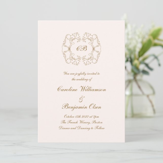 Invitación Elegante Ornate Parisian Rubor y Gold Boda (Anverso de pie)