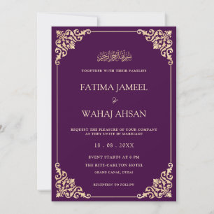 Invitación Elegante Ornate Purple Gold Script Boda musulmán