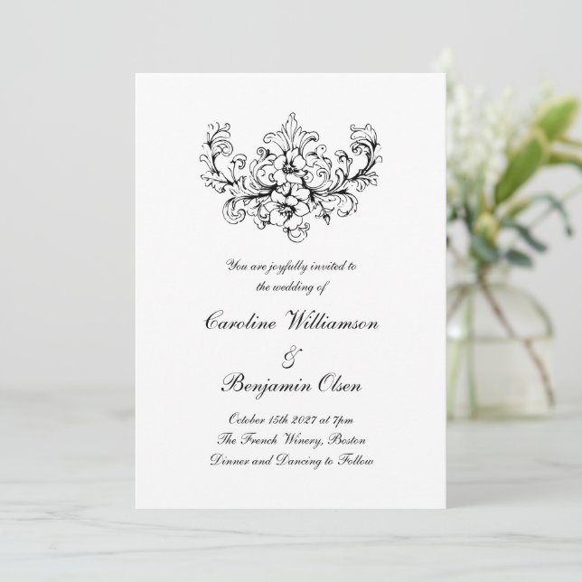 Invitación Elegante Ornate Rococo Boda blanco y negro (Anverso de pie)