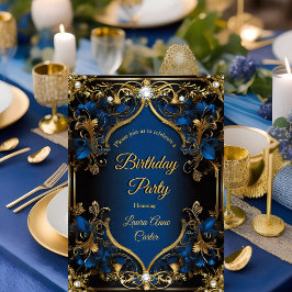 Invitación Elegante Ornato Azul Real Perla Dorada cumpleaños