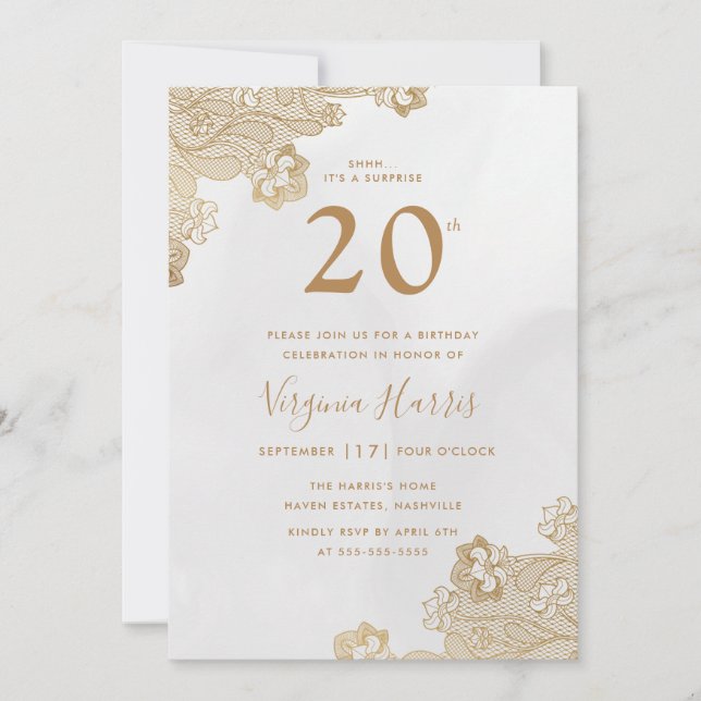 Invitación Elegante Ornato de Oro Veinte cumpleaños (Anverso)