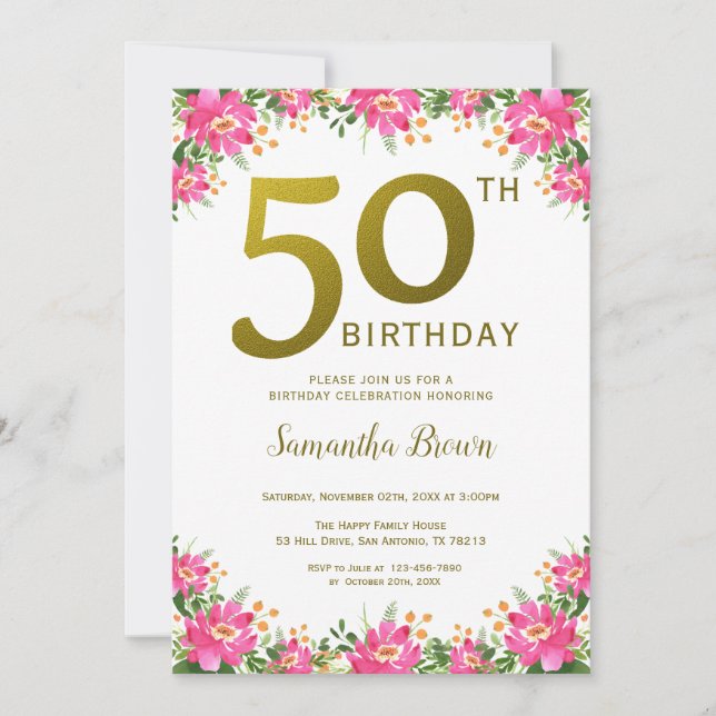 Invitación Elegante Oro 50 cumpleaños Floral rosa (Anverso)
