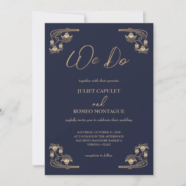 Invitación Elegante oro Art Deco en azul hacemos boda (Anverso)