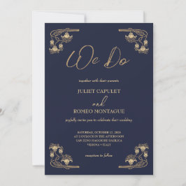 Invitación Elegante oro Art Deco en azul hacemos boda