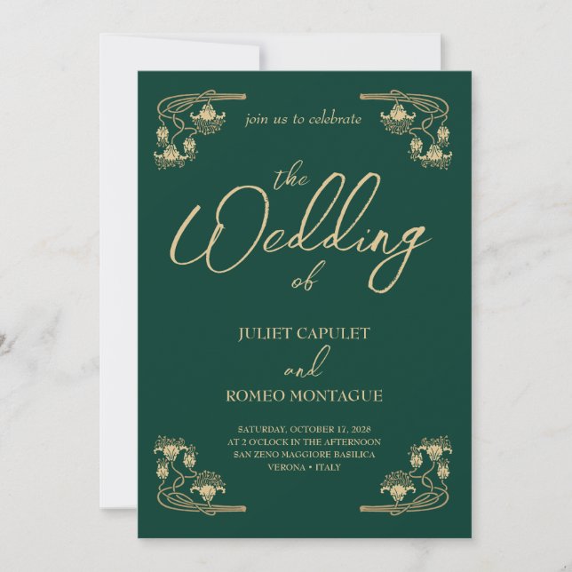 Invitación Elegante oro Art Deco sobre verde Todo en un boda (Anverso)