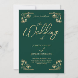 Invitación Elegante oro Art Deco sobre verde Todo en un boda