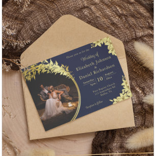 Invitación Elegante Oro, Azul Con Lilies Boda De Fotografía