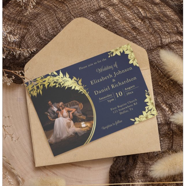 Invitación Elegante Oro, Azul Con Lilies Boda De Fotografía (Subido por el creador)